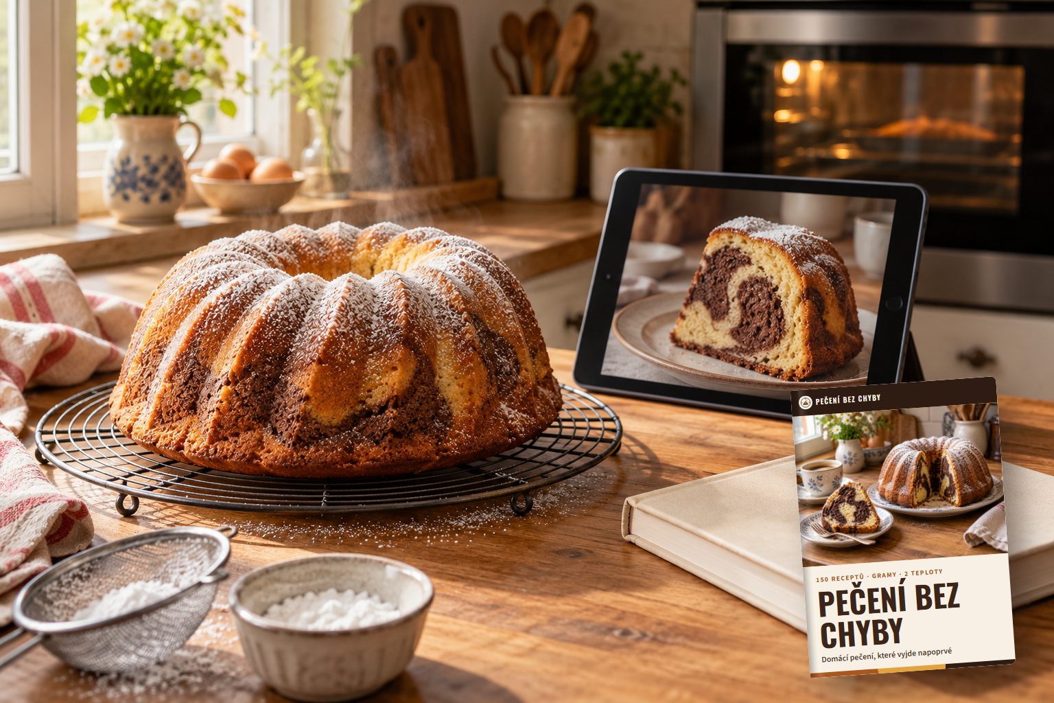 Zlatá bábovka čerstvě z trouby na kuchyňské lince, vedle tablet a kniha Pečení bez chyby